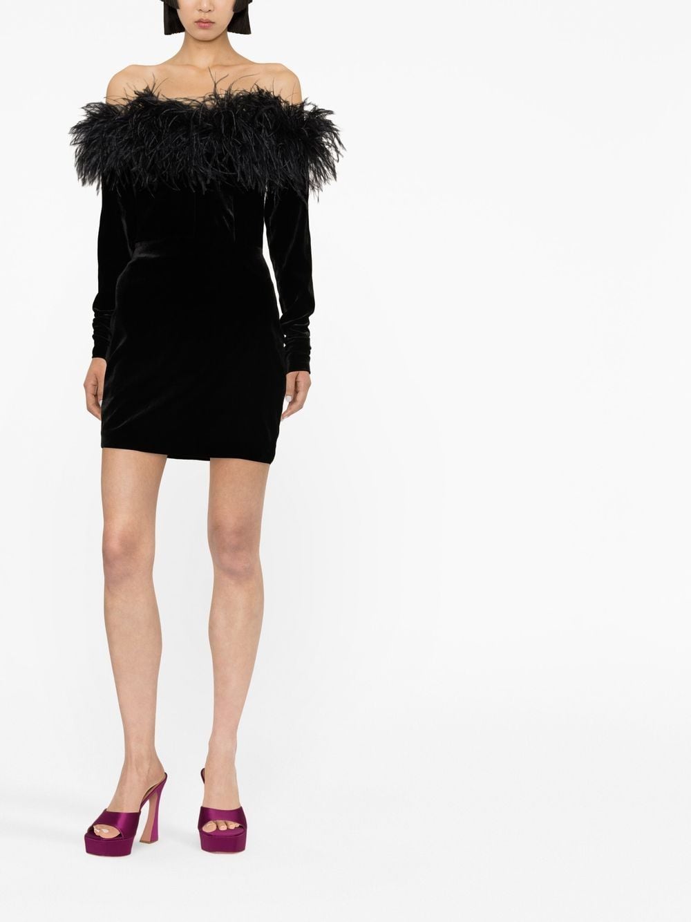 Alessandra Rich Feather Rim Black Dress