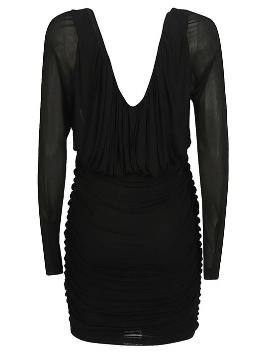 Saint Laurent Black V-neck Shirred Dress