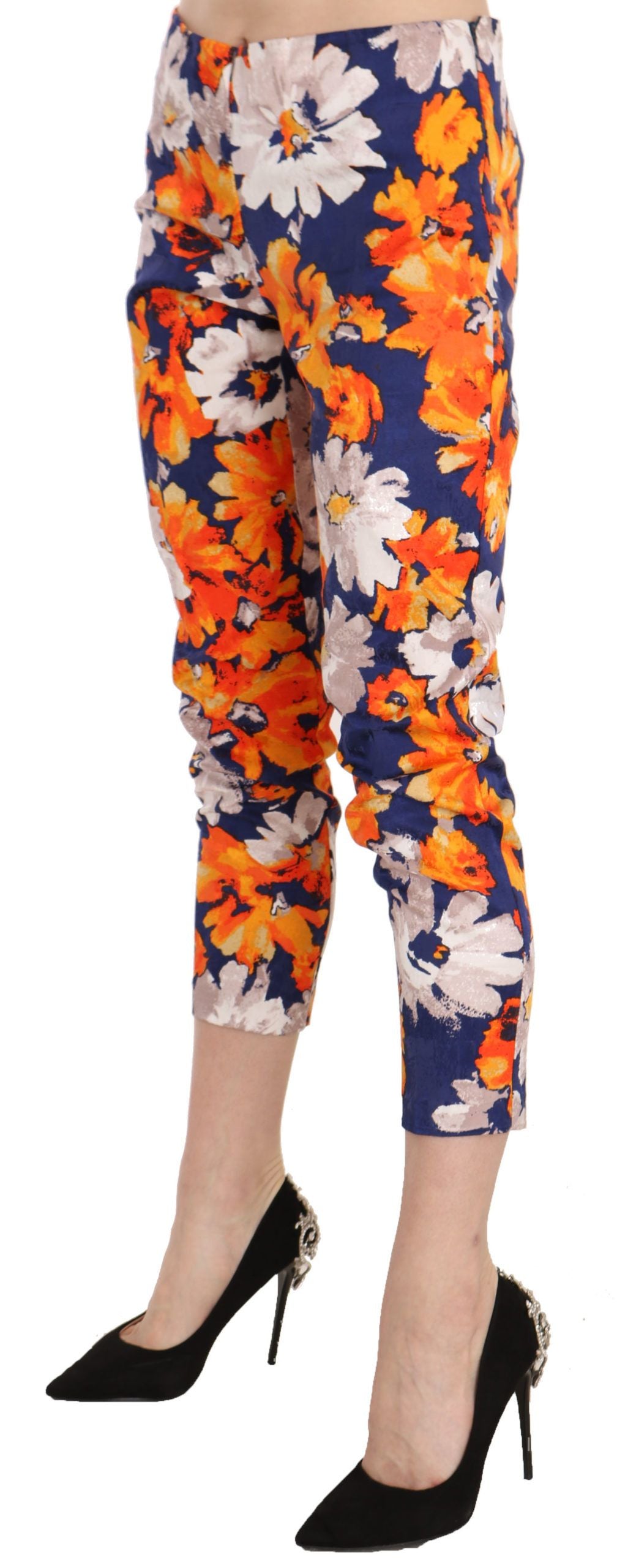 LANACAPRINA Blue Floral Print Skinny Slim Fit Trousers Pants