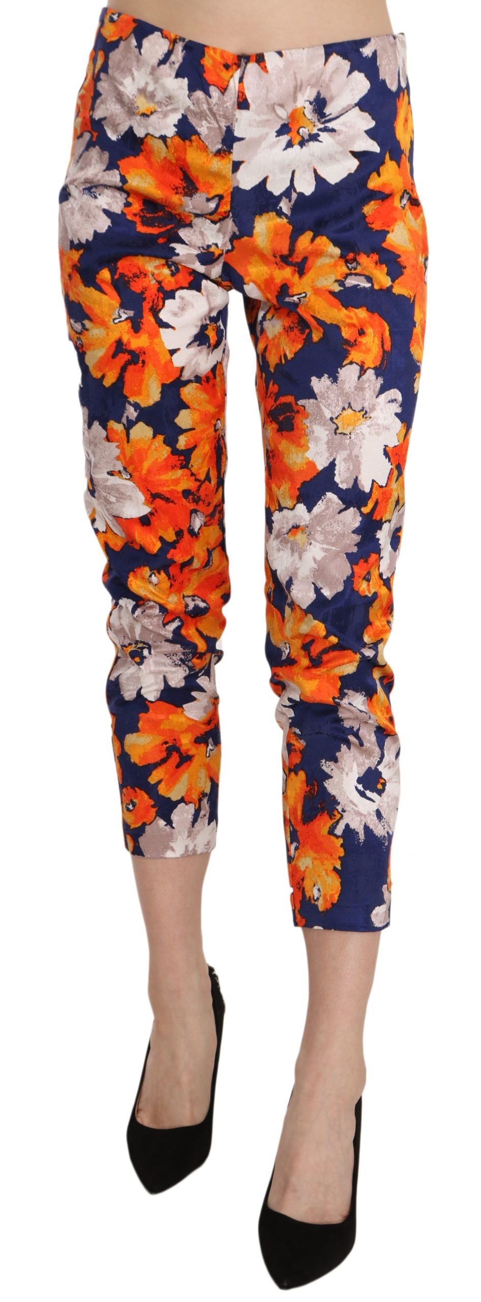 LANACAPRINA Blue Floral Print Skinny Slim Fit Trousers Pants