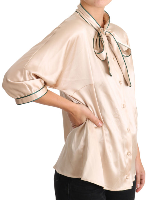 Dolce & Gabbana Beige Ribbon Silk Stretch Top Blouse