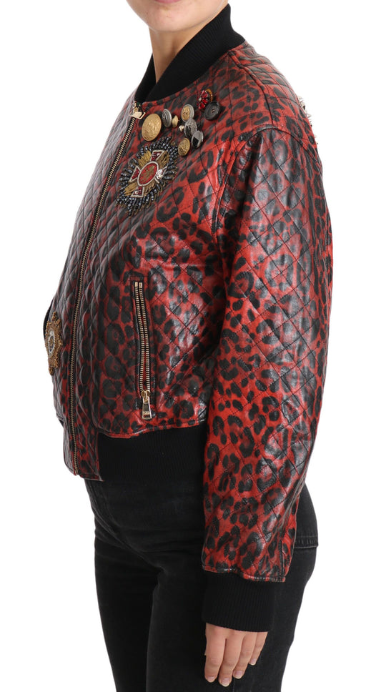 Dolce & Gabbana Red Leopard Embellished Crystal Leather Jacket