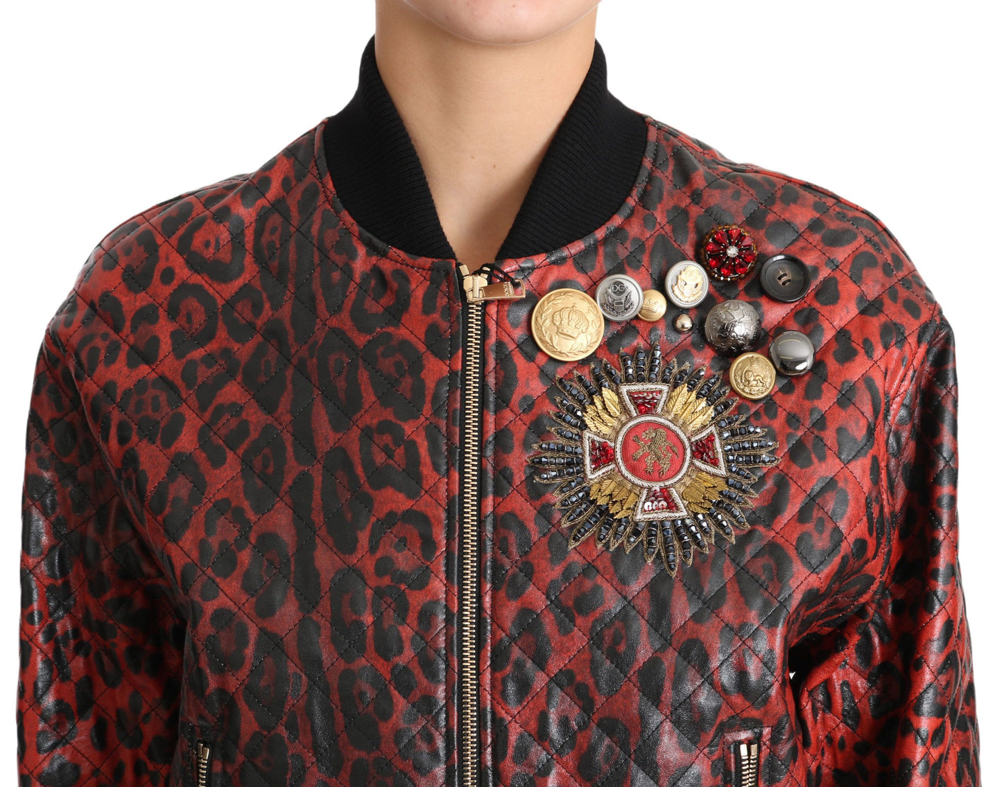 Dolce & Gabbana Red Leopard Embellished Crystal Leather Jacket