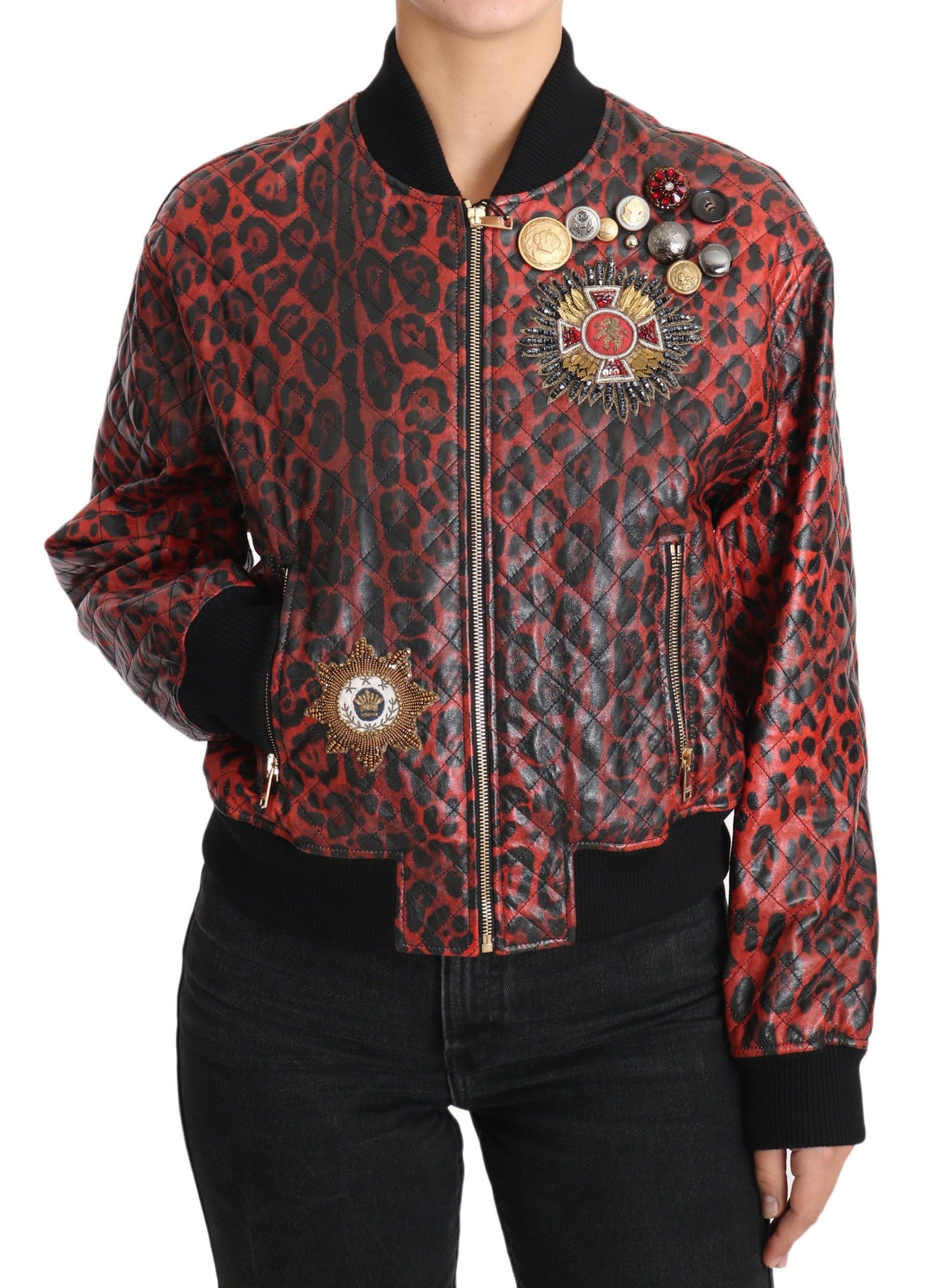 Dolce & Gabbana Red Leopard Embellished Crystal Leather Jacket