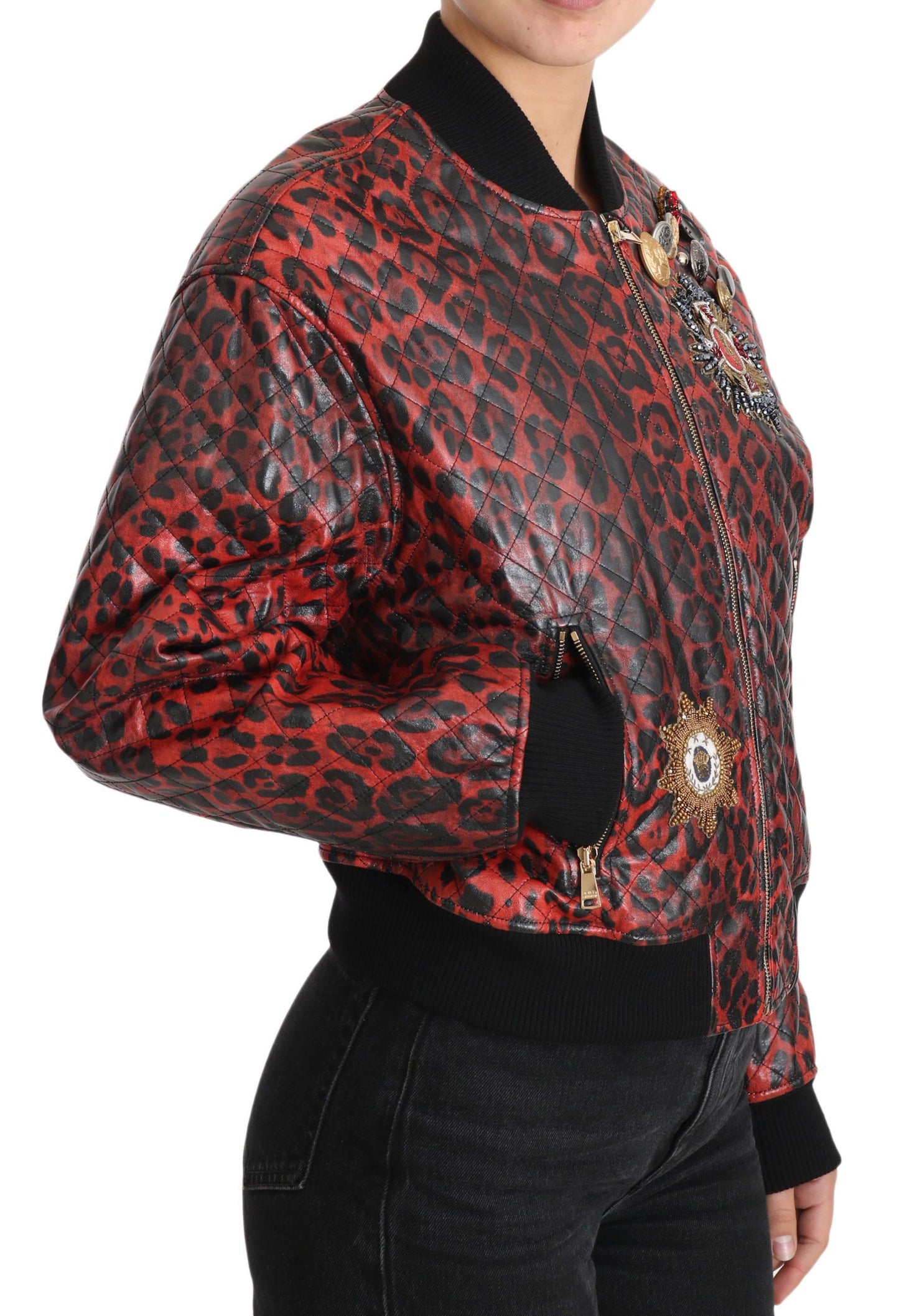 Dolce & Gabbana Red Leopard Embellished Crystal Leather Jacket