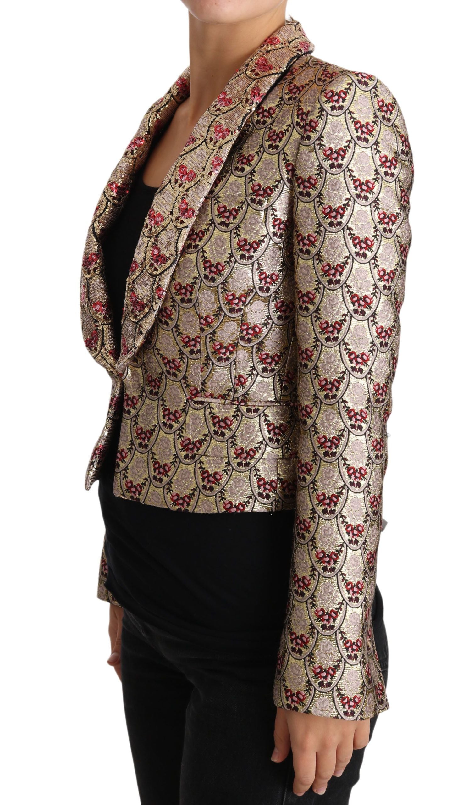 Dolce & Gabbana Gold Red Floral Sequined Blazer Jacket