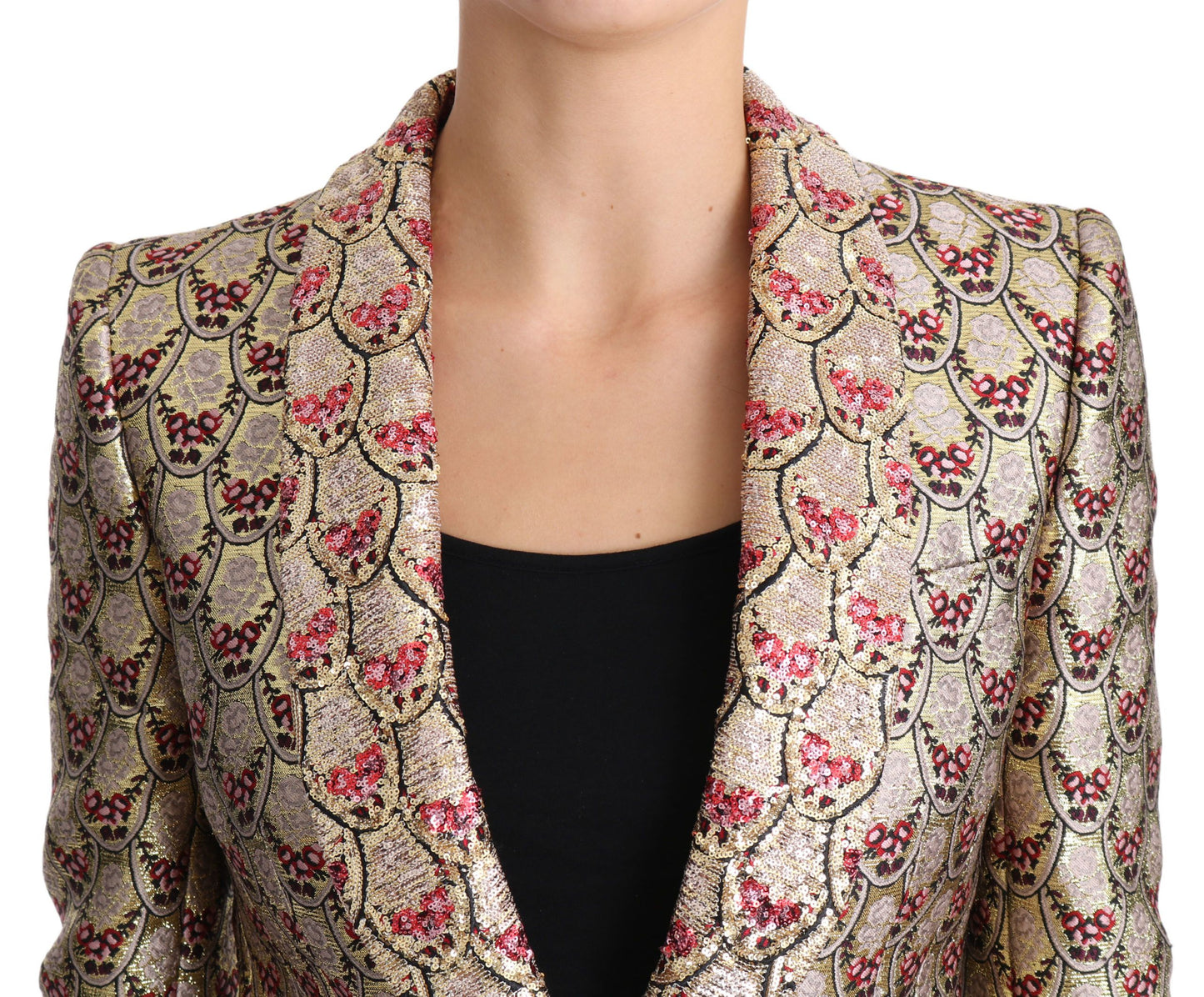 Dolce & Gabbana Gold Red Floral Sequined Blazer Jacket