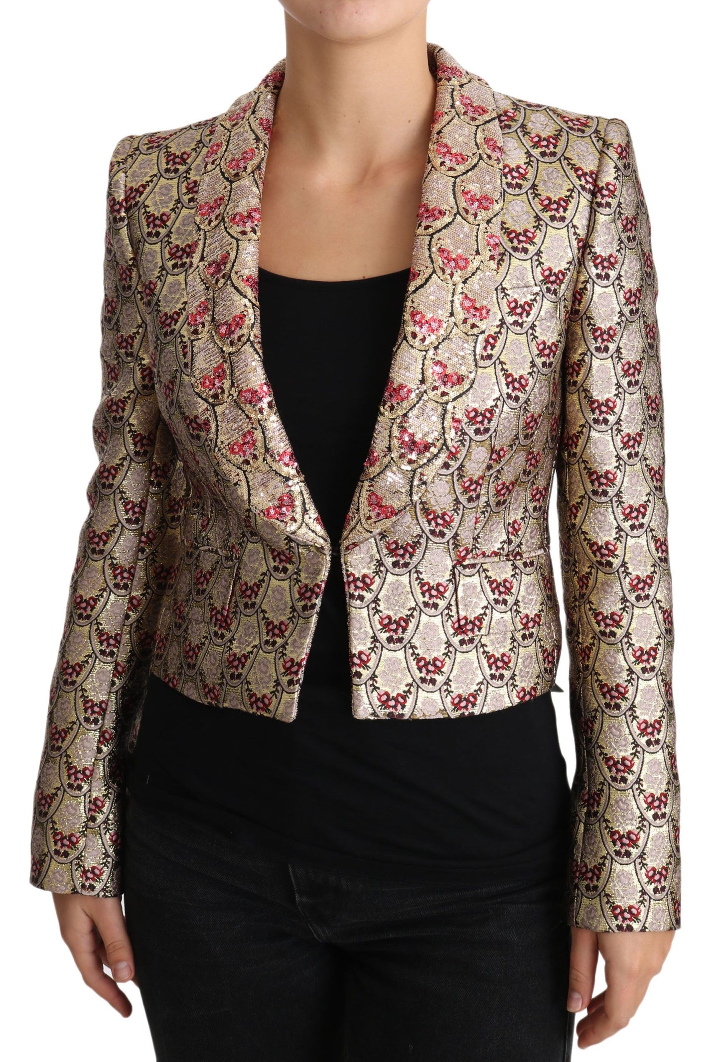 Dolce & Gabbana Gold Red Floral Sequined Blazer Jacket