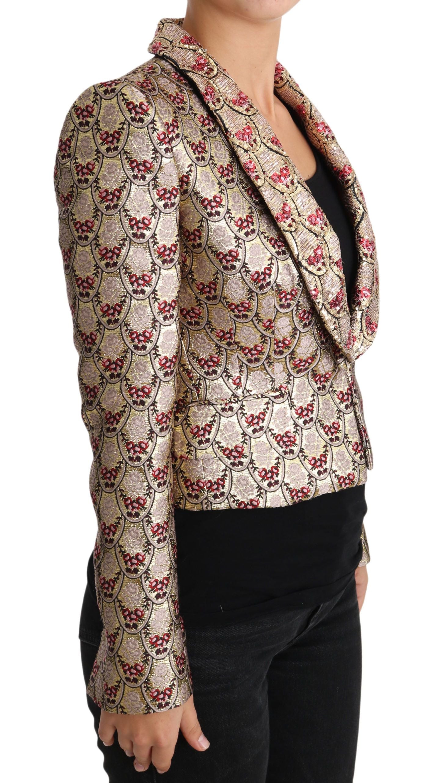 Dolce & Gabbana Gold Red Floral Sequined Blazer Jacket