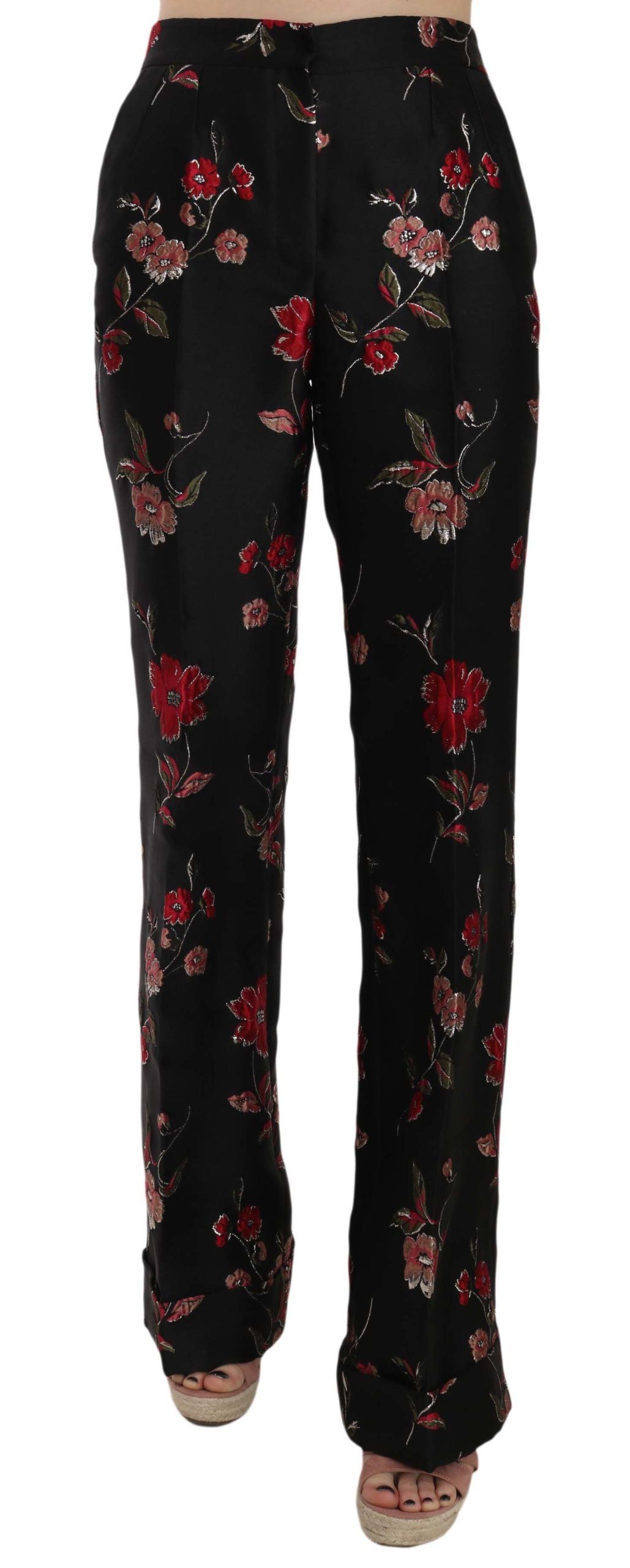 Dolce & Gabbana Floral Print Black Boot Cut Trouser Pants