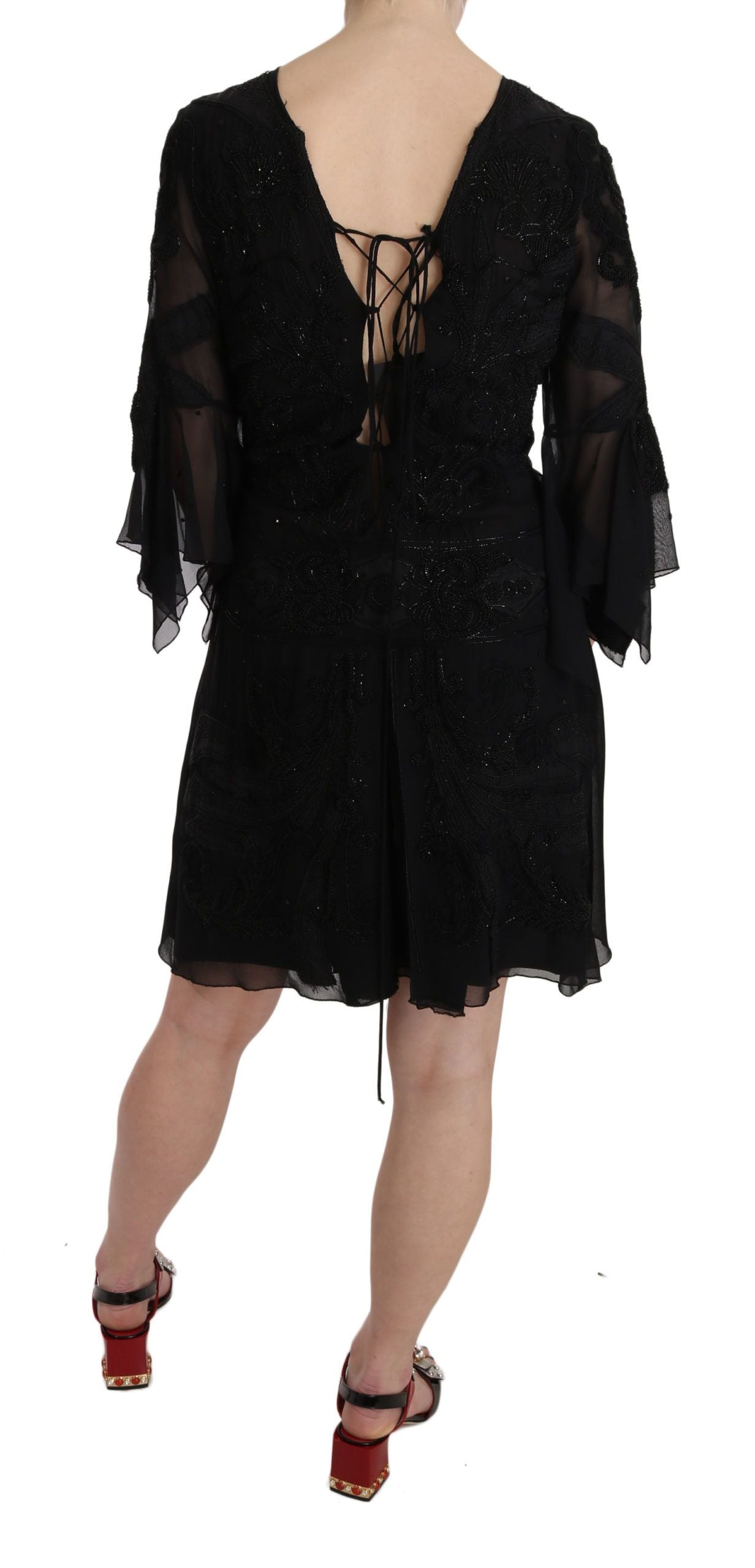 John Richmond Black Sequined Silk Mini Shift Gown