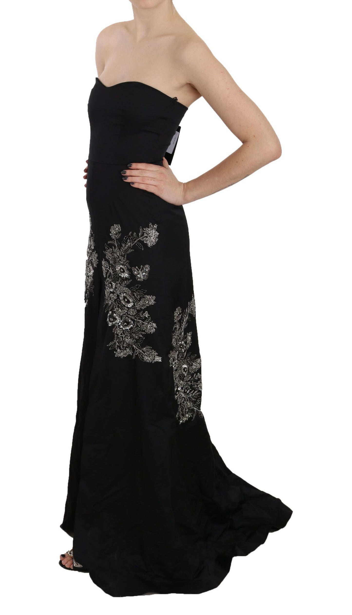 John Richmond Black Sequined Flare Strapless Dress