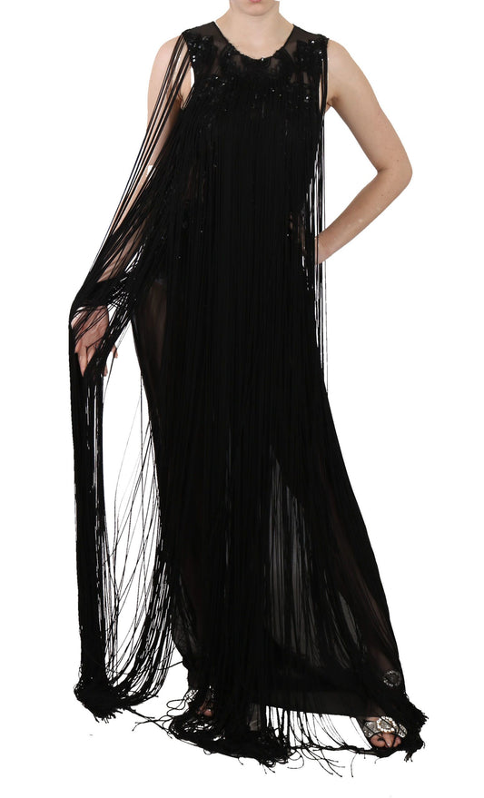 John Richmond Black Silk Beaded Sequined Sheer Dress