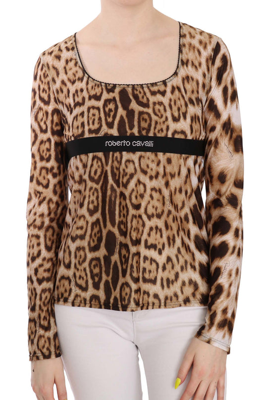 Roberto Cavalli Brown Round Neck Leopard Women Top Blouse