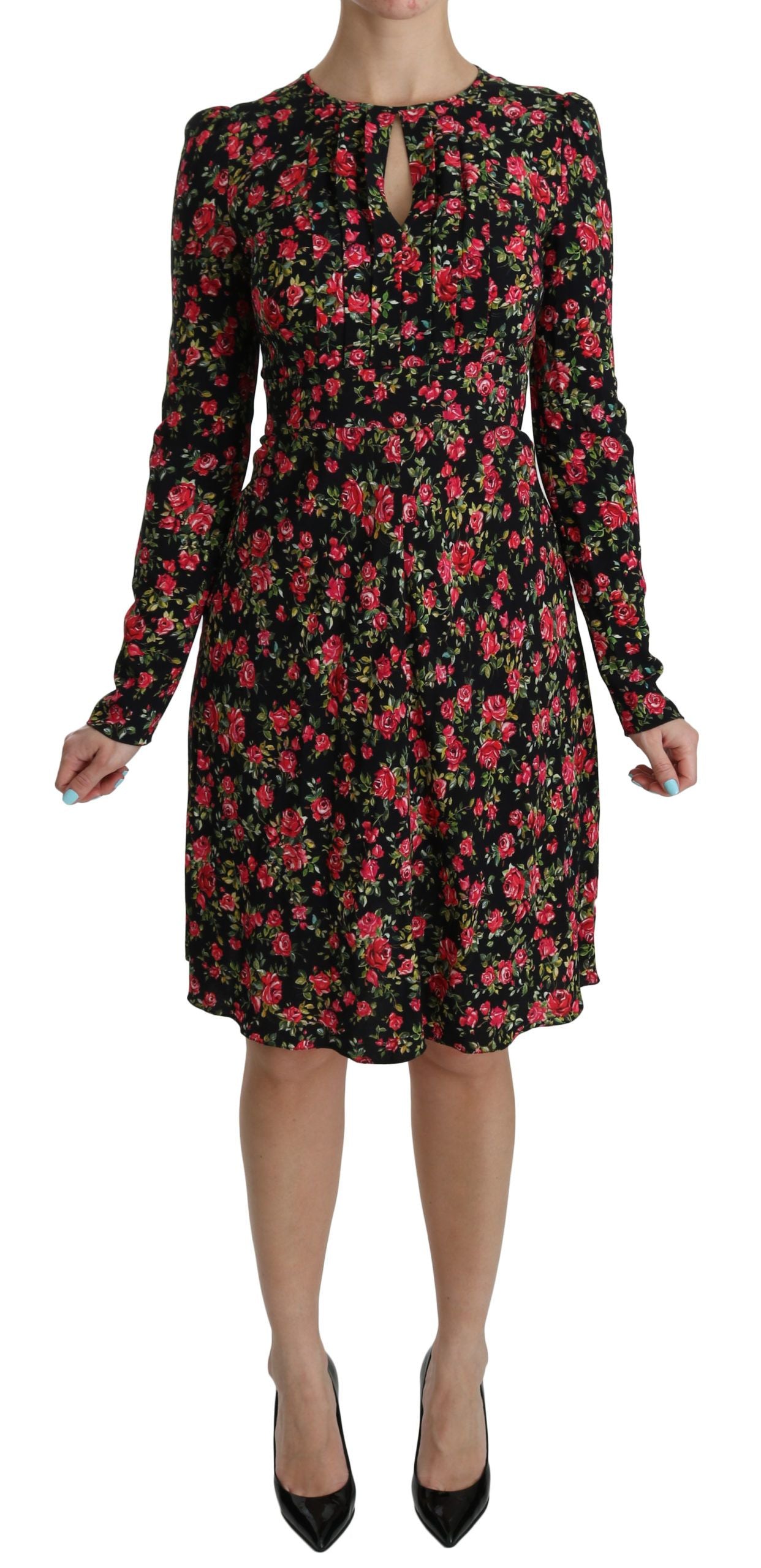 Dolce & Gabbana Black Floral Longsleeve Knee Length Dress