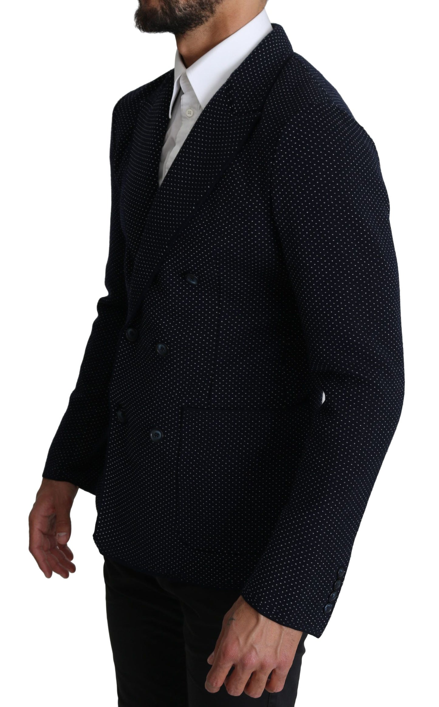 Dolce & Gabbana Dark Blue Dotted Double Breasted Coat Blazer