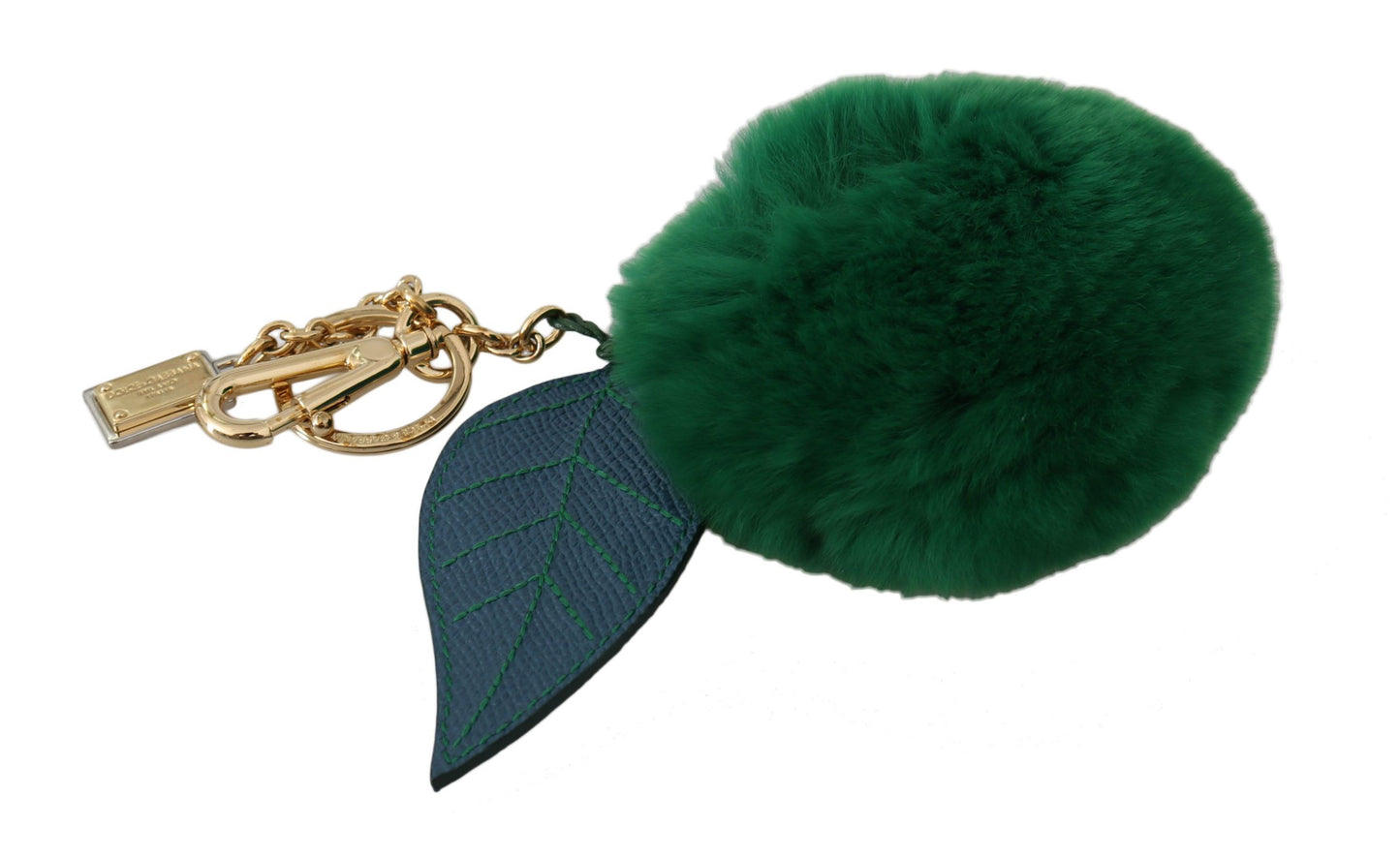 Dolce & Gabbana Green Leather Fur Gold Clasp Keyring Women Keychain