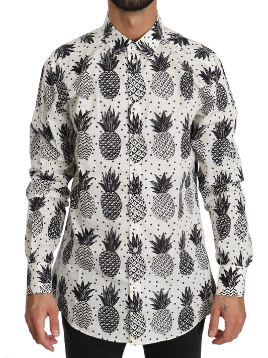 Dolce & Gabbana White Black Pineapple Button Shirt