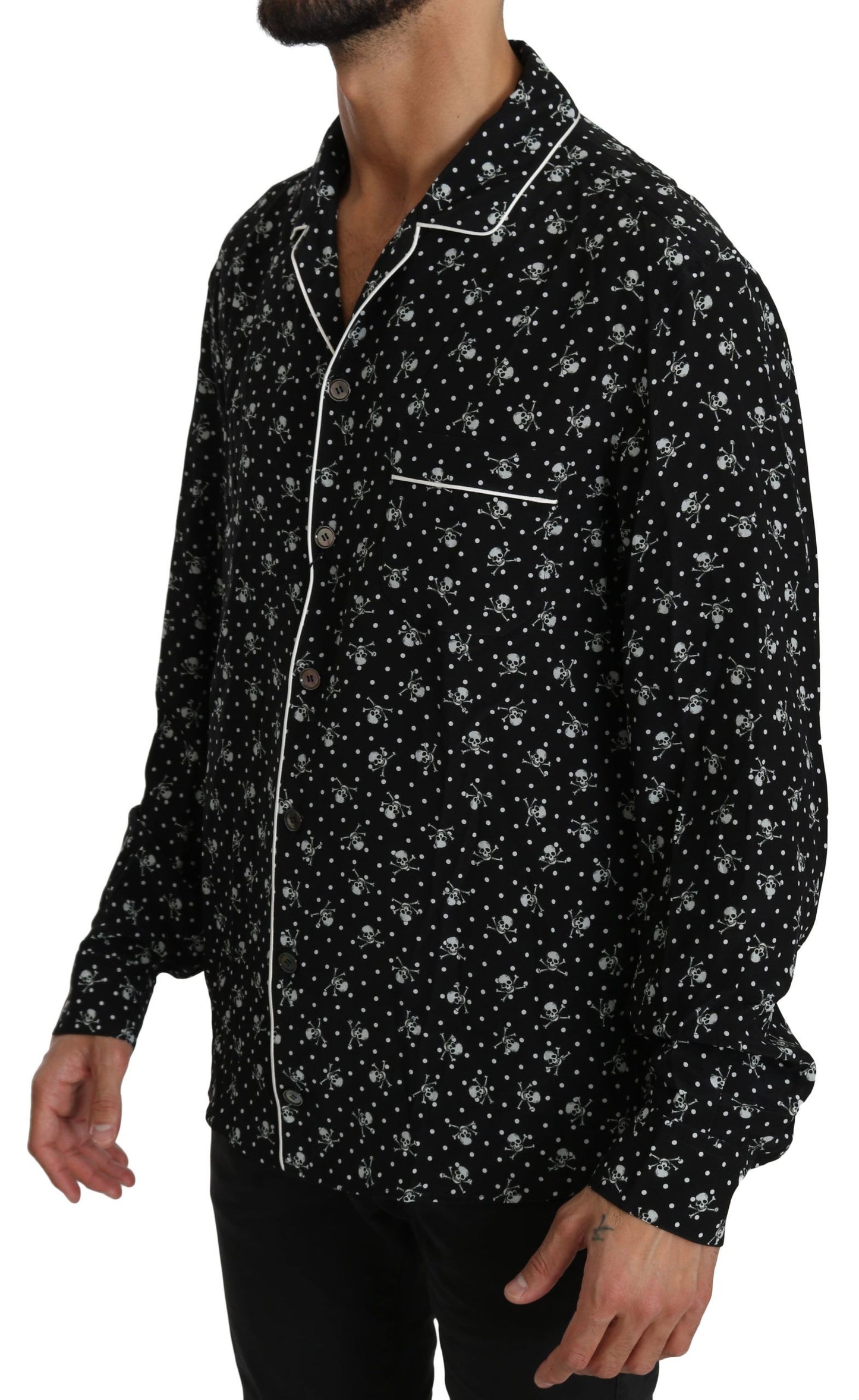 Dolce & Gabbana Black Skull Print Silk Sleepwear Shirt