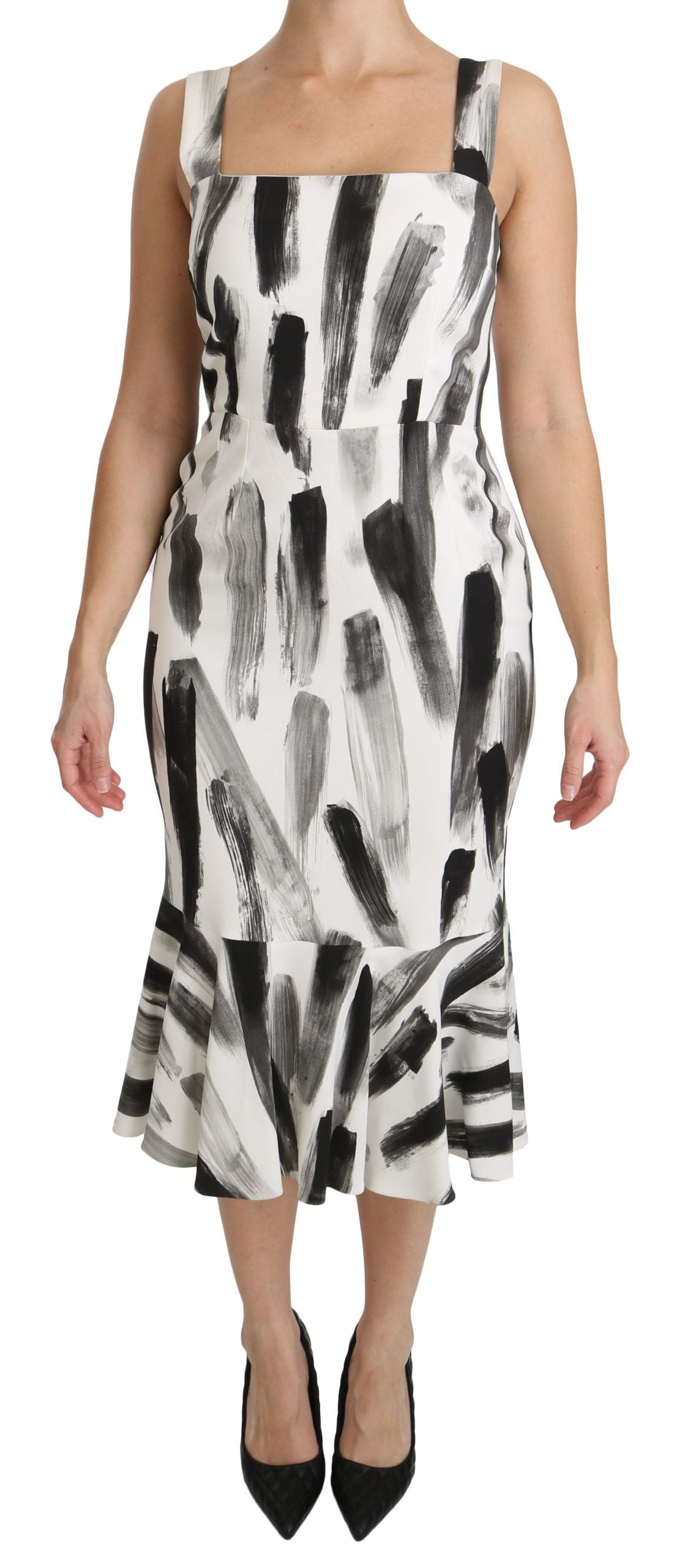 Dolce & Gabbana White Black Printed Sheath Midi Viscose Dress