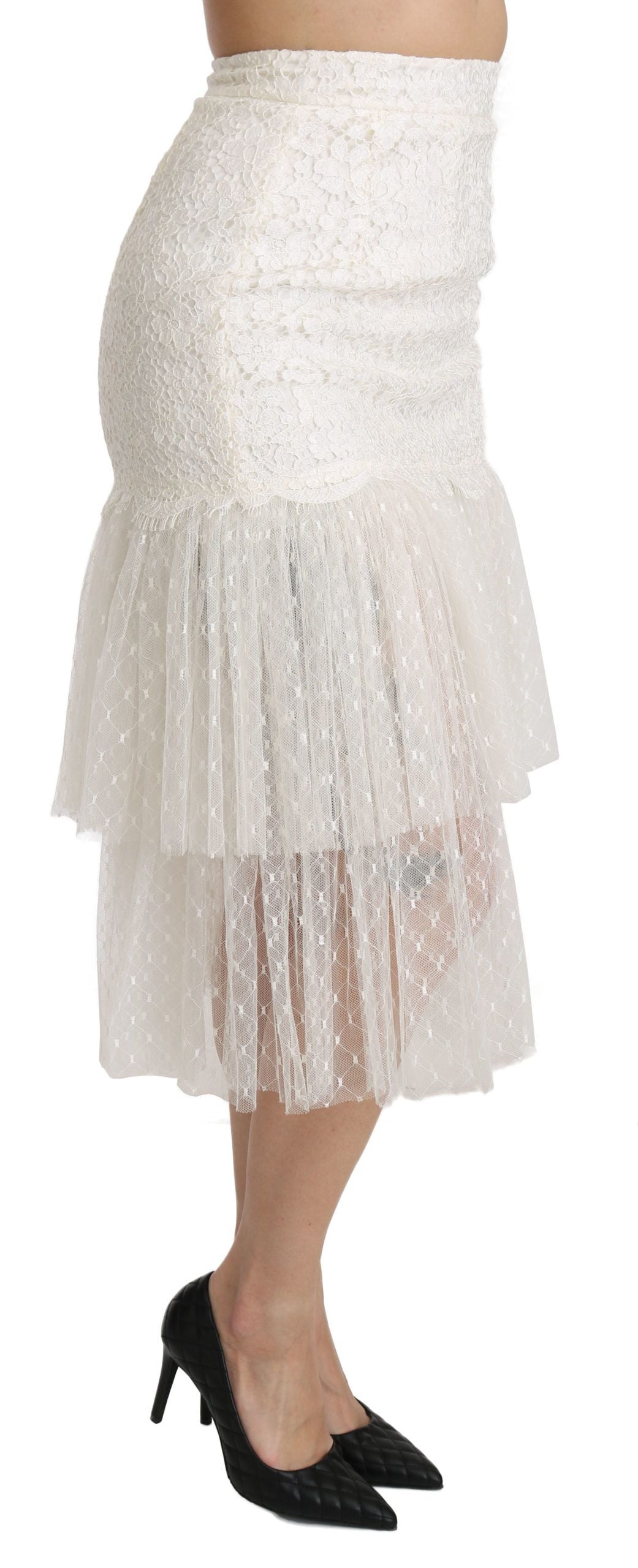 Dolce & Gabbana White Lace Layered High Waist Midi Cotton  Skirt