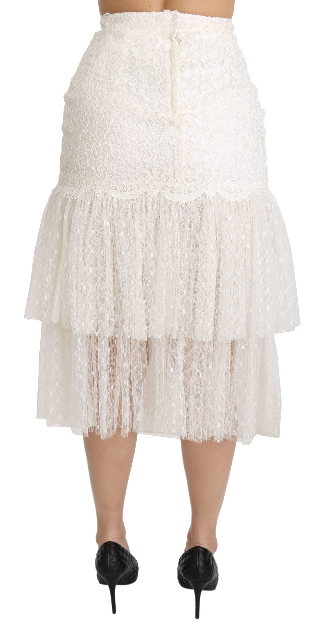 Dolce & Gabbana White Lace Layered High Waist Midi Cotton  Skirt