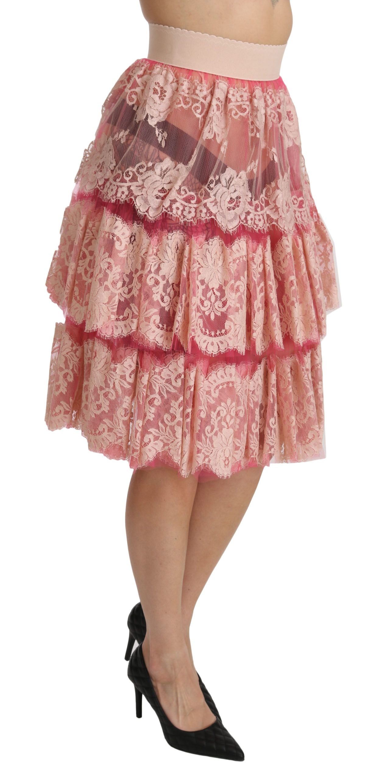 Dolce & Gabbana Pink Lace Layered High Waist Knee Length Skirt