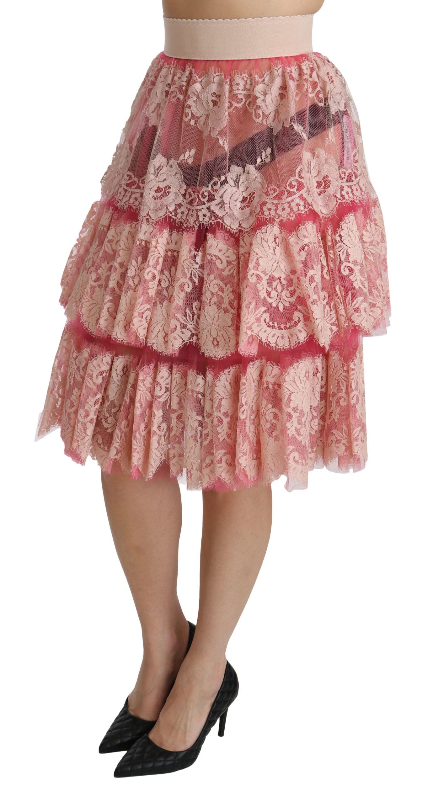 Dolce & Gabbana Pink Lace Layered High Waist Knee Length Skirt