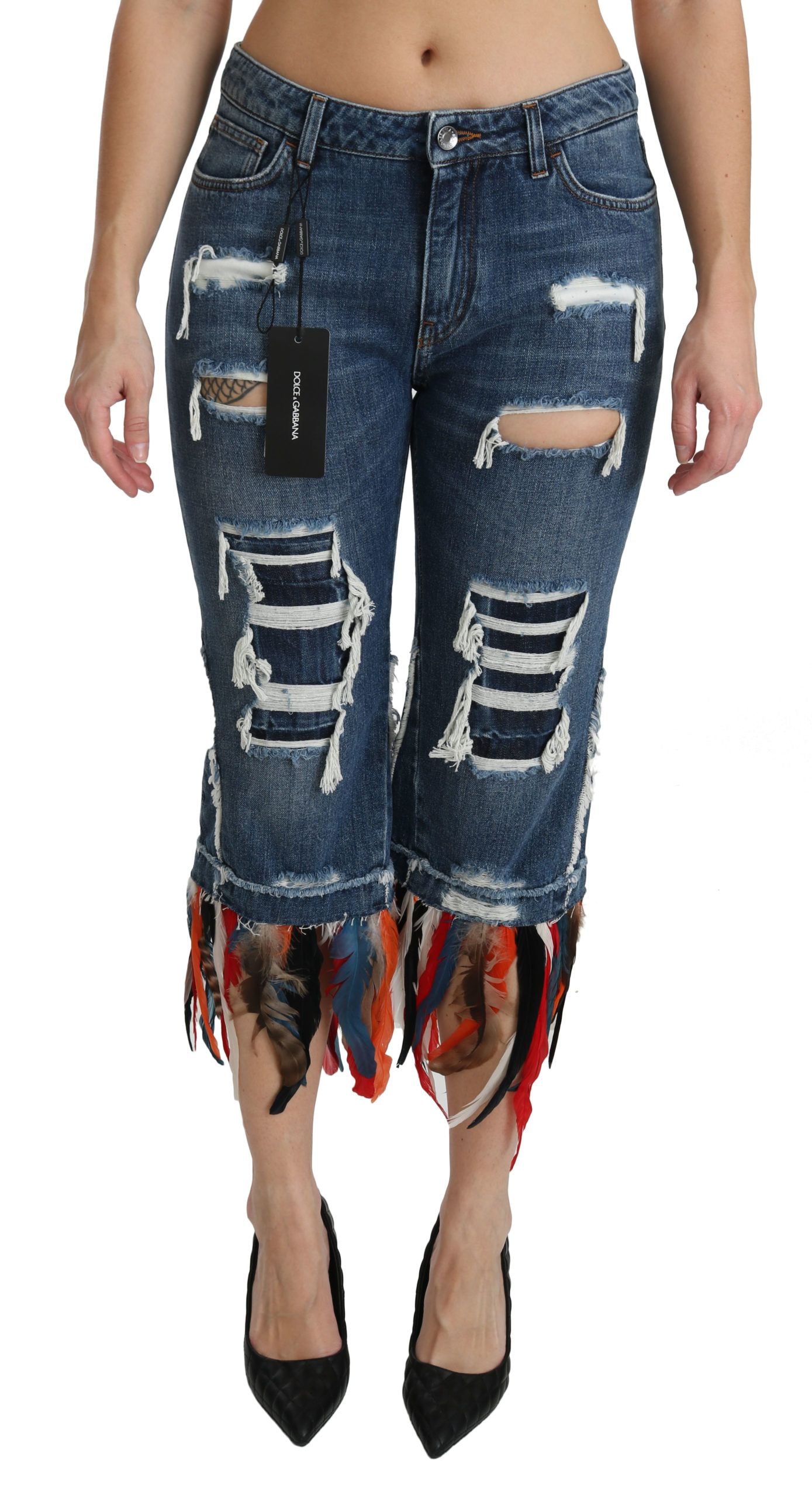 Dolce & Gabbana Blue Feathers Low Waist Cropped Cotton Jeans