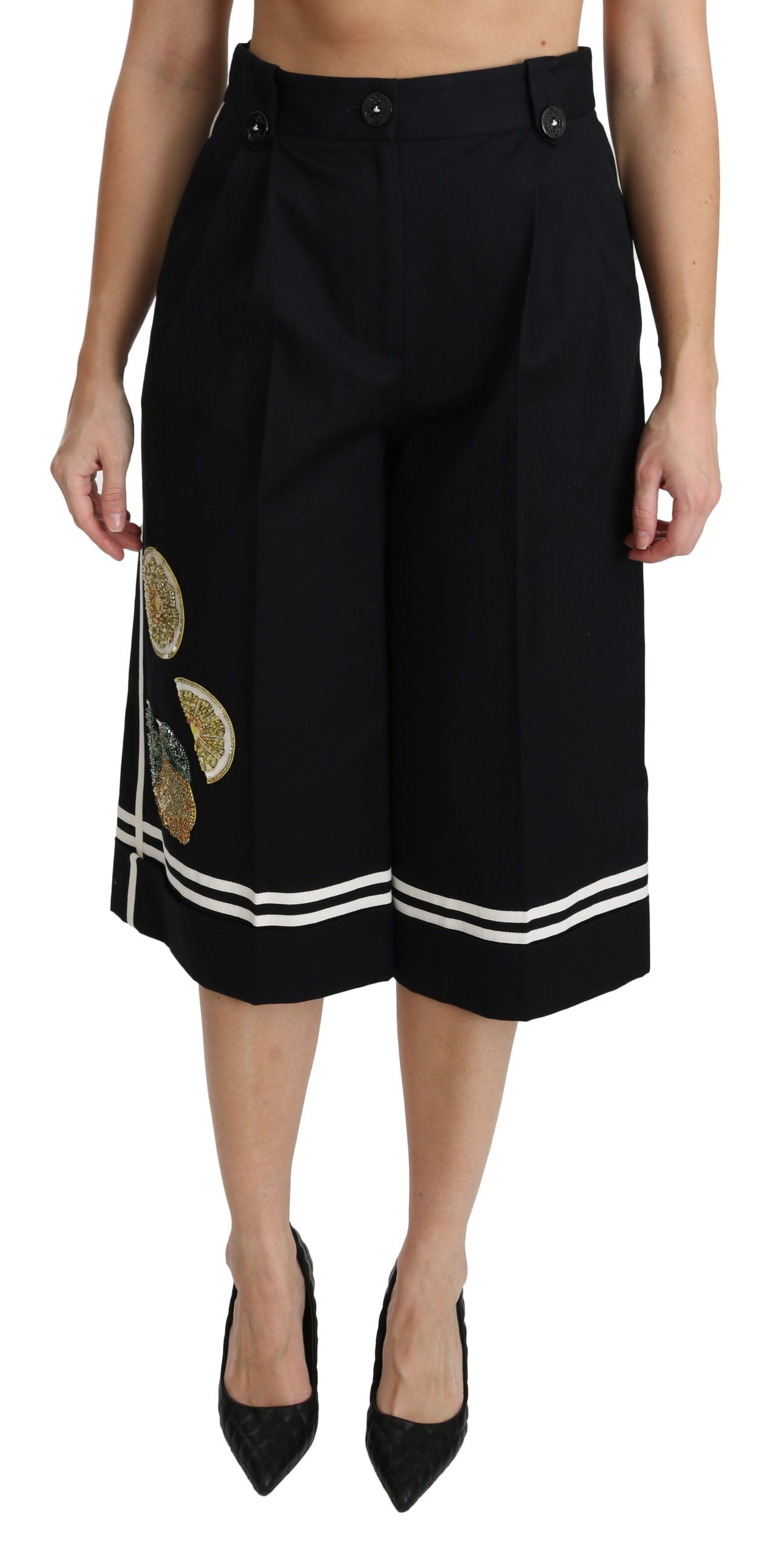 Dolce & Gabbana Black Lemon Embellished Palazzo Cropped Pants