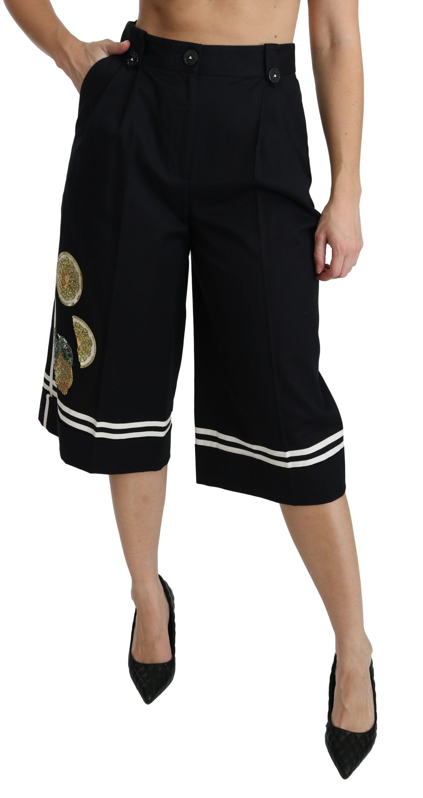 Dolce & Gabbana Black Lemon Embellished Palazzo Cropped Pants