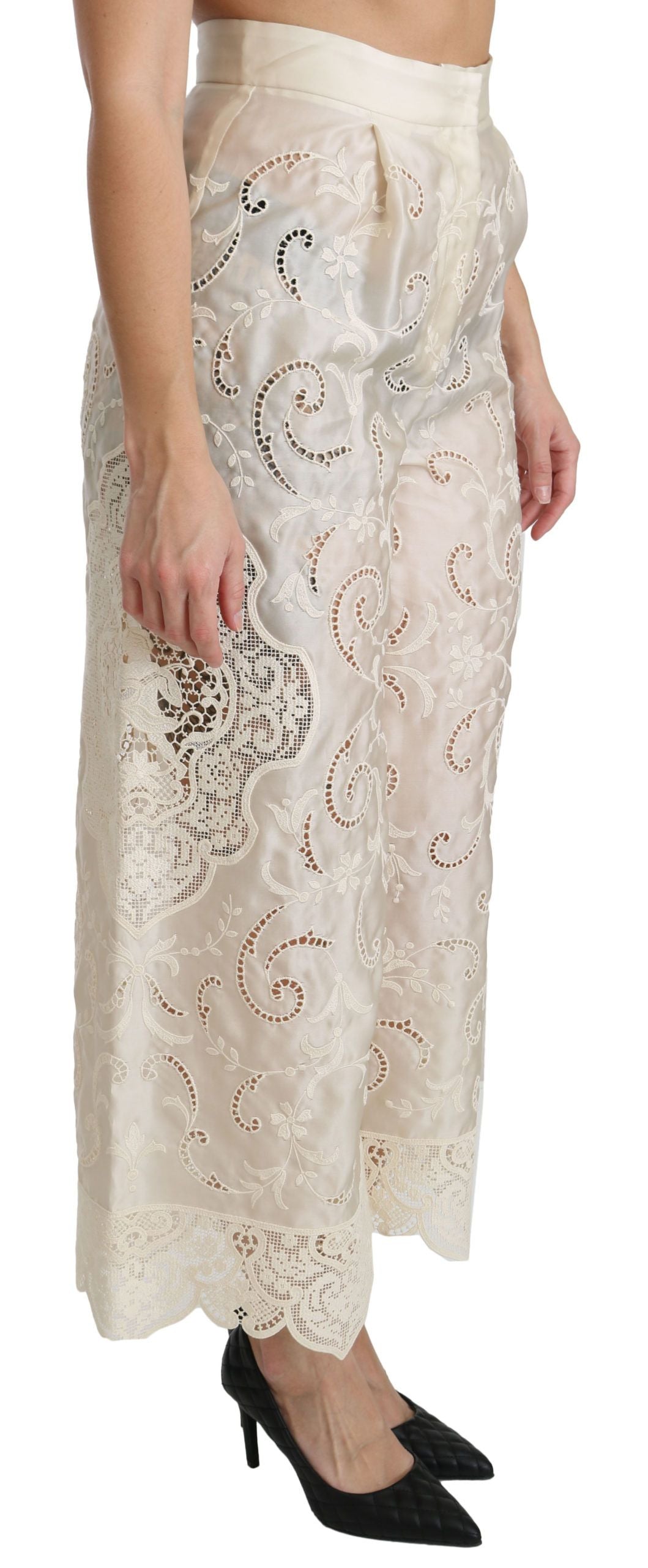 Dolce & Gabbana Cream Lace High Waist Palazzo Cropped Pants