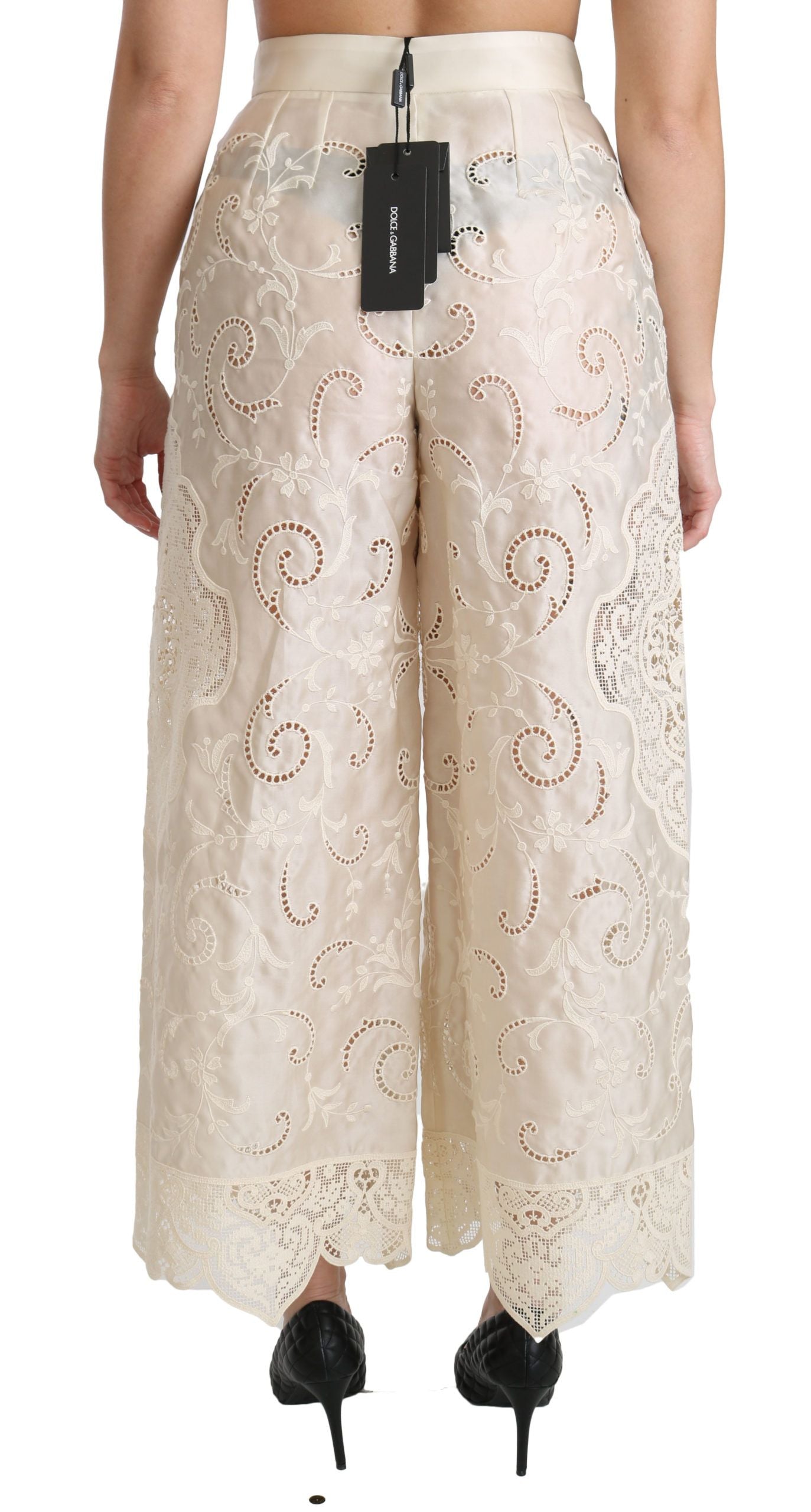 Dolce & Gabbana Cream Lace High Waist Palazzo Cropped Pants