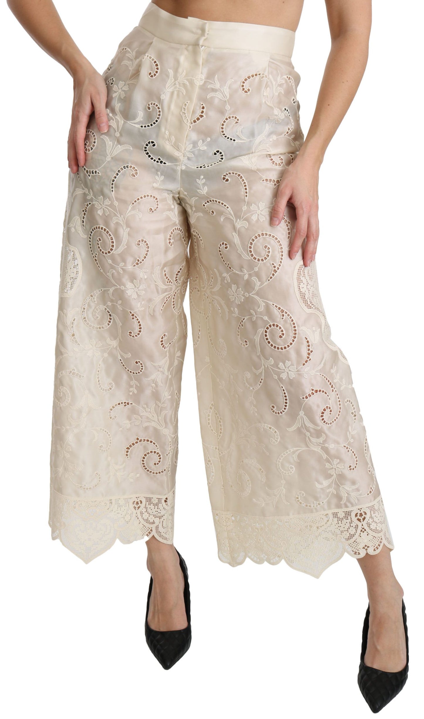 Dolce & Gabbana Cream Lace High Waist Palazzo Cropped Pants