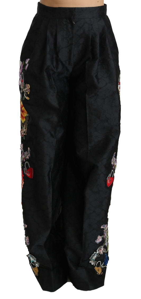 Dolce & Gabbana Black Brocade Floral Sequined Beaded Pants