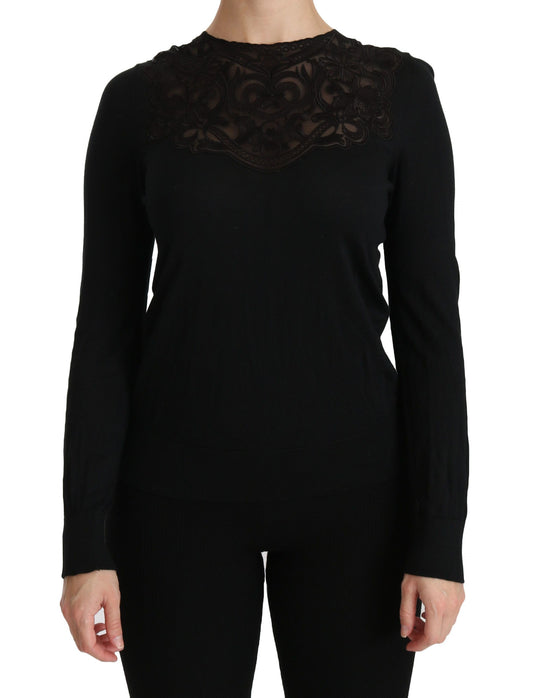 Dolce & Gabbana Black Silk Lace Crew Neck Long Sleeve Blouse