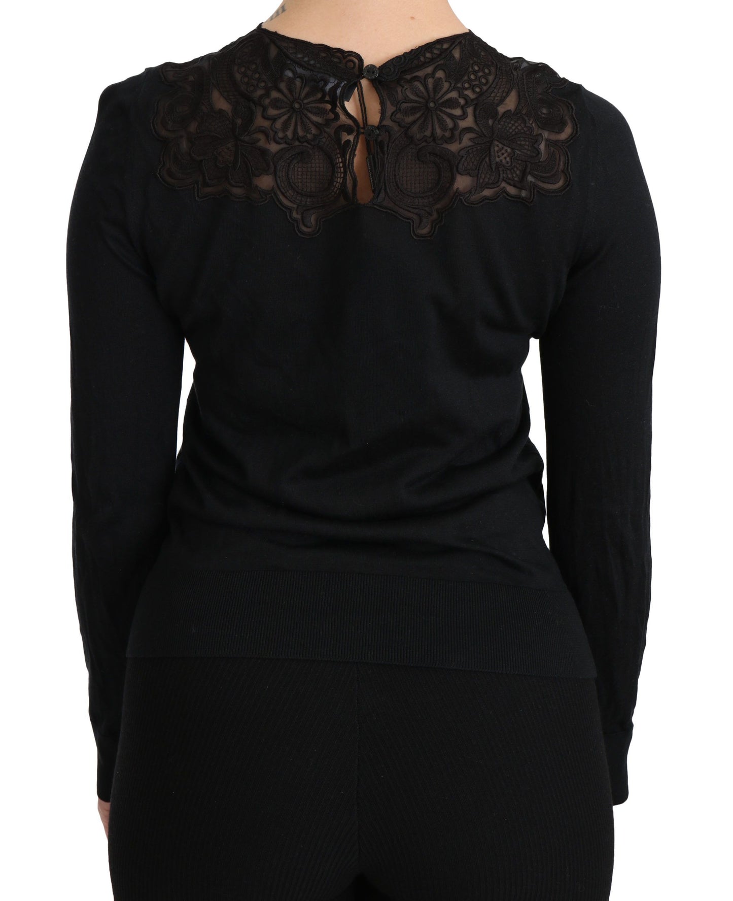 Dolce & Gabbana Black Silk Lace Crew Neck Long Sleeve Blouse