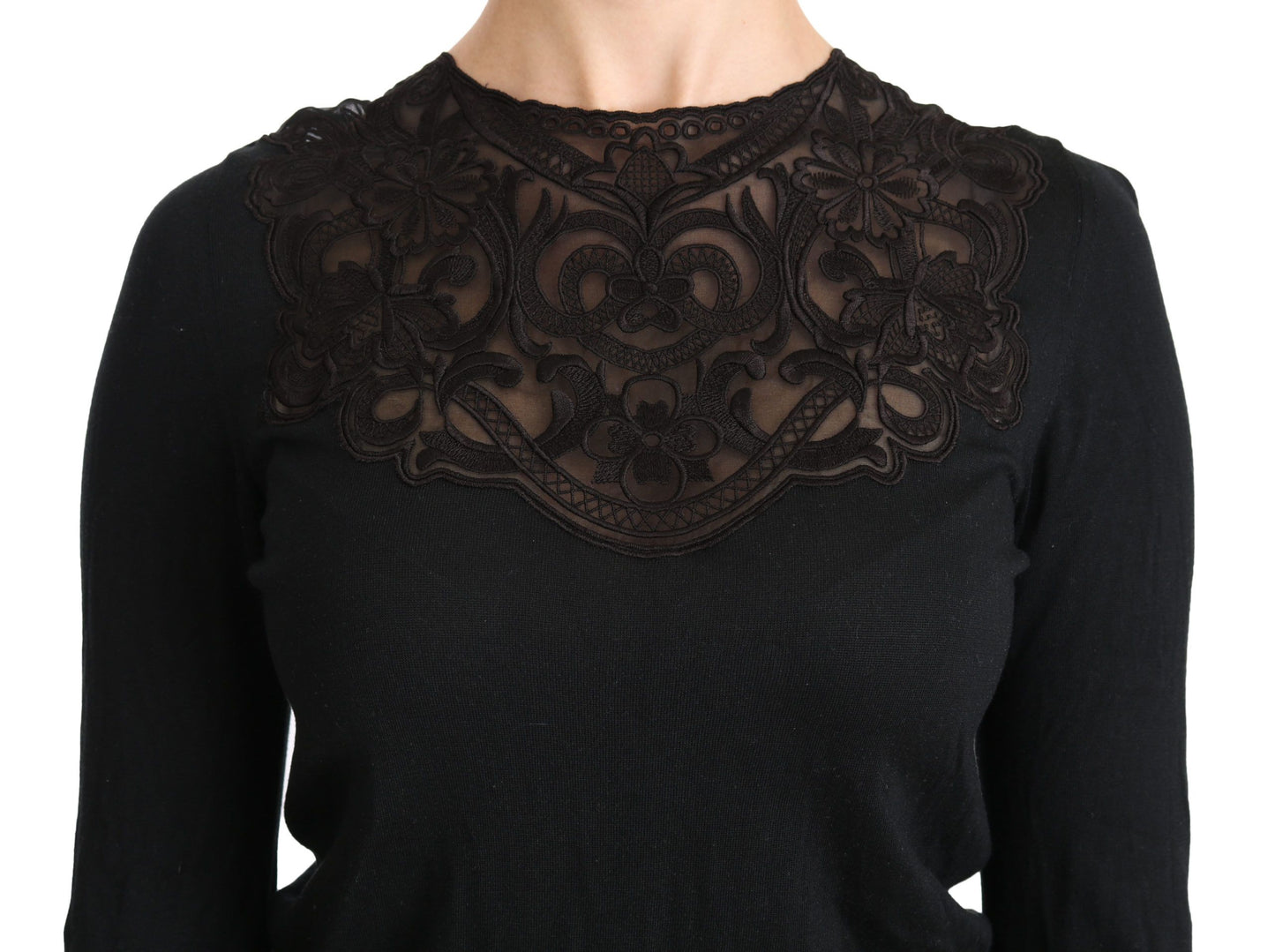 Dolce & Gabbana Black Silk Lace Crew Neck Long Sleeve Blouse