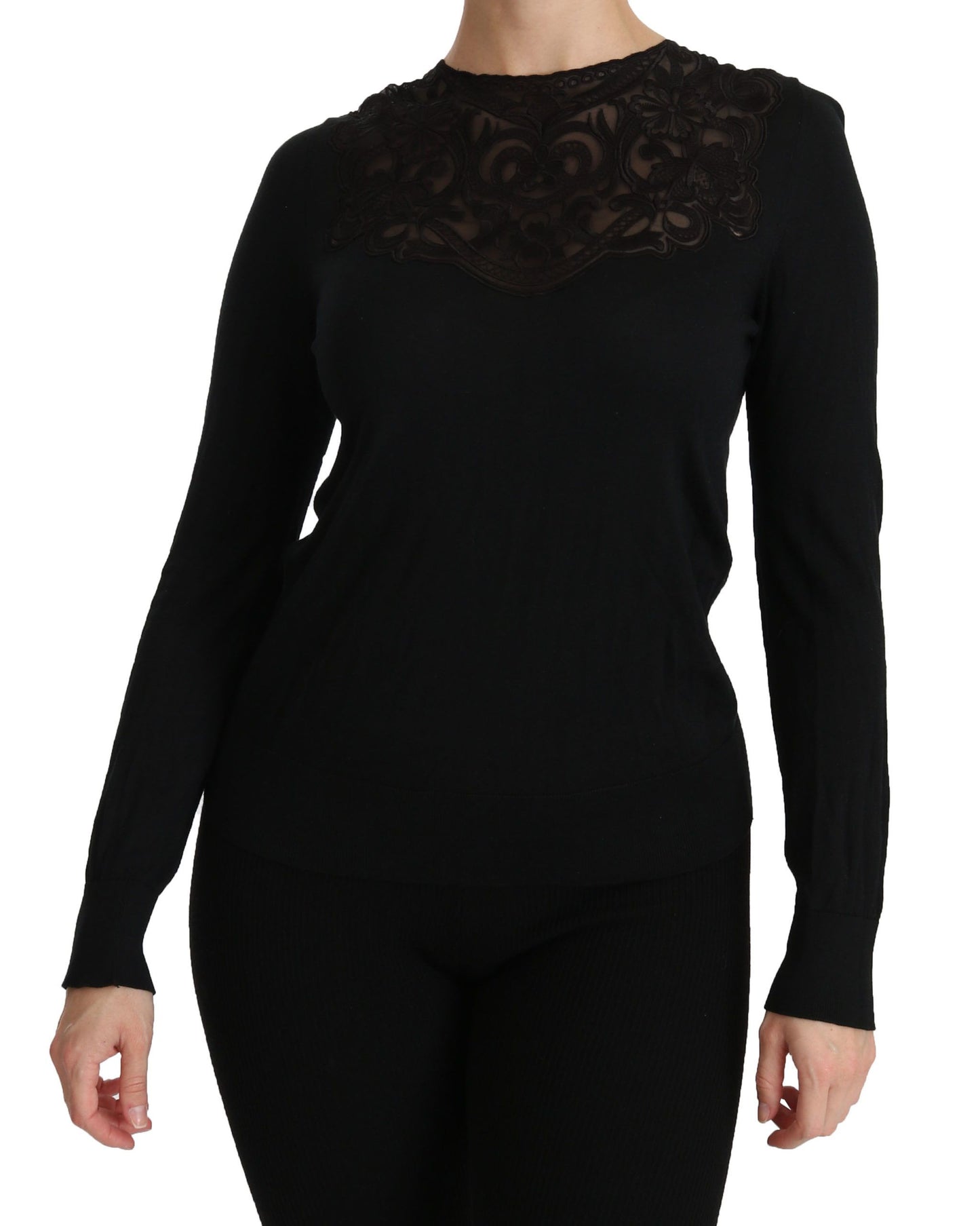 Dolce & Gabbana Black Silk Lace Crew Neck Long Sleeve Blouse