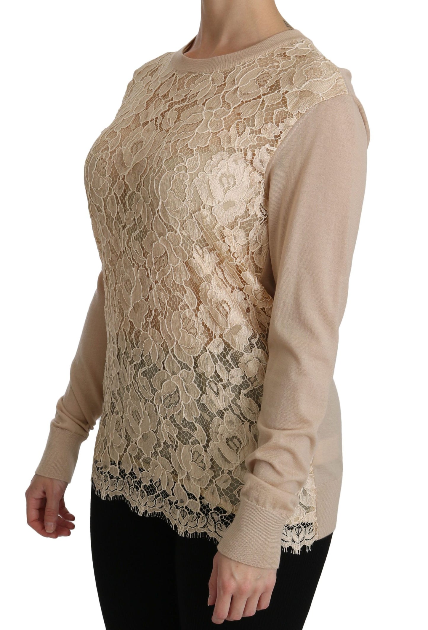 Dolce & Gabbana Beige Lace Long Sleeve Top Cashmere Blouse