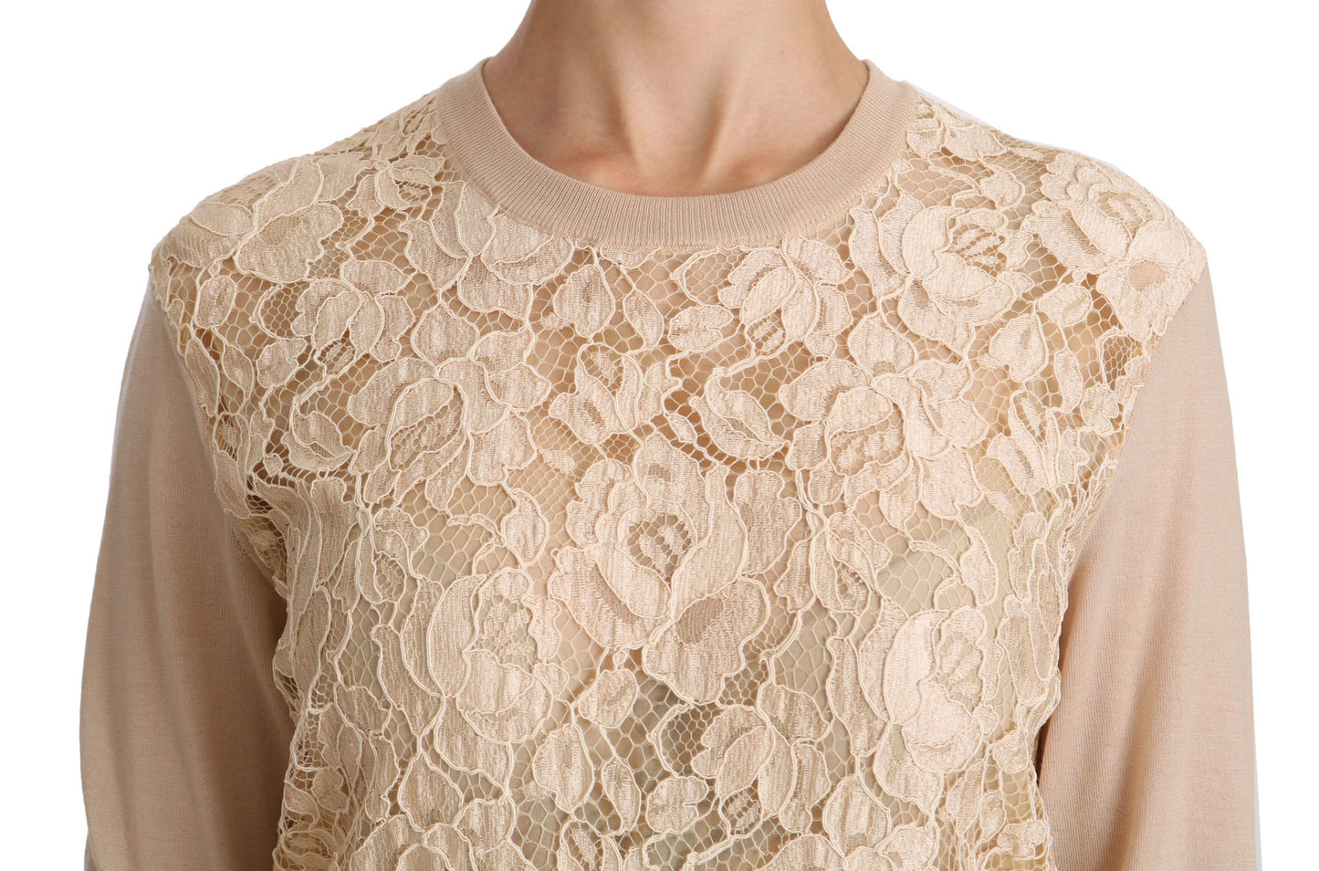 Dolce & Gabbana Beige Lace Long Sleeve Top Cashmere Blouse