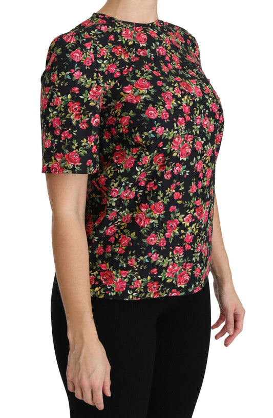 Dolce & Gabbana Black Floral Roses Short Sleeve Top Blouse