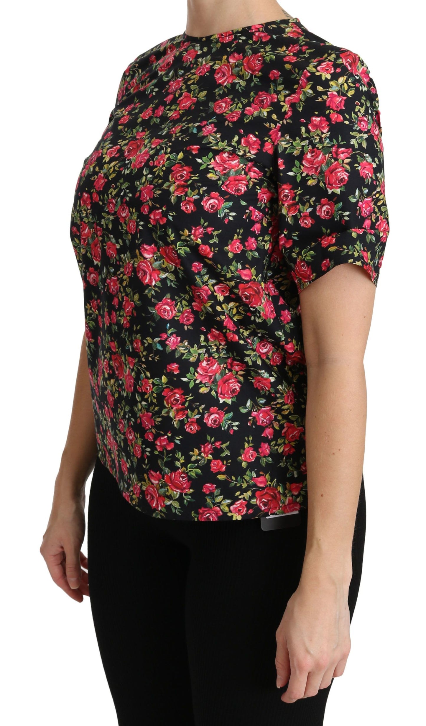 Dolce & Gabbana Black Floral Roses Short Sleeve Top Blouse