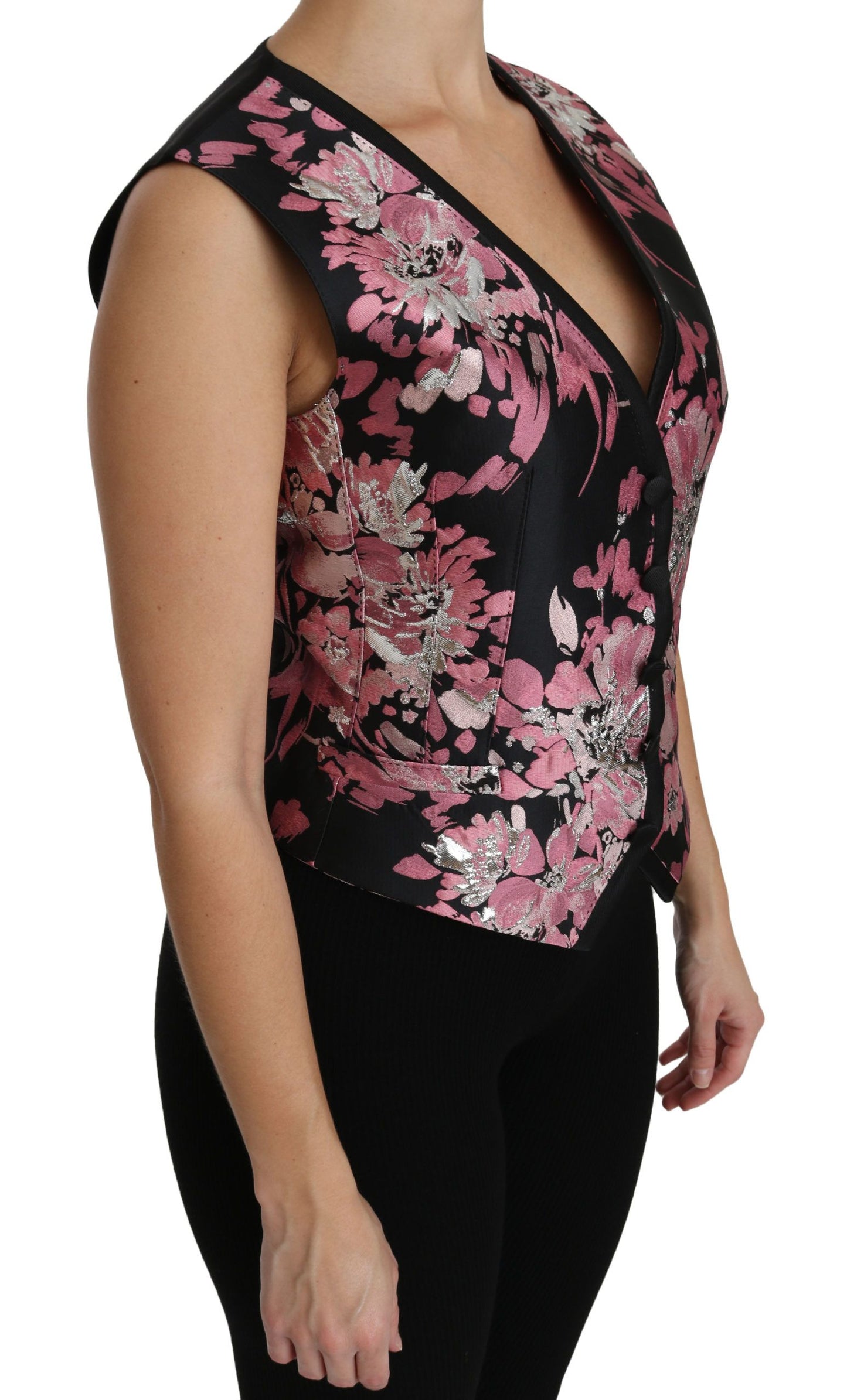 Dolce & Gabbana Black Pink Floral Waistcoat Vest Blouse Top