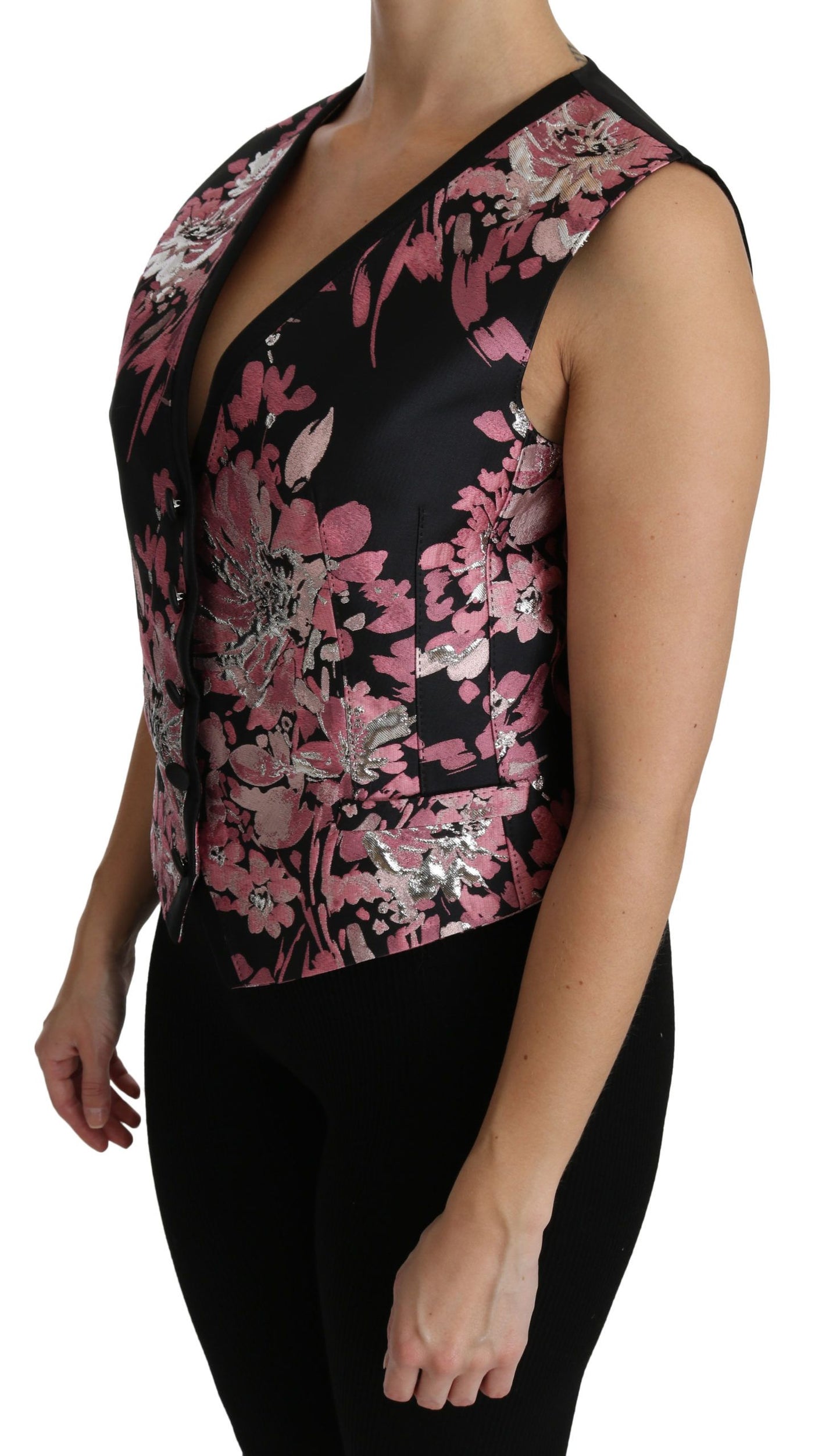 Dolce & Gabbana Black Pink Floral Waistcoat Vest Blouse Top