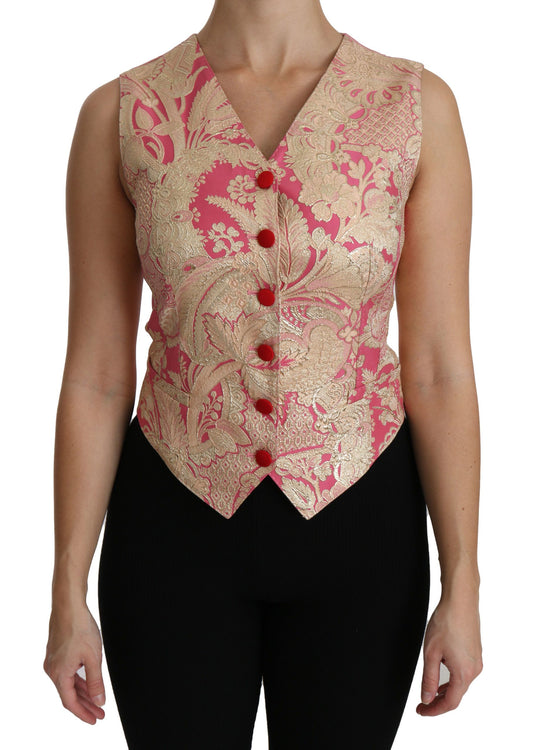 Dolce & Gabbana Pink Gold Brocade Waistcoat Vest Blouse Top