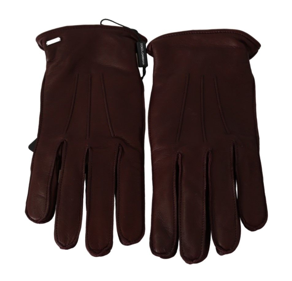 Dolce & Gabbana Maroon Wrist Length Mitten Leather Gloves