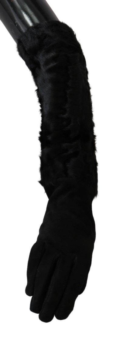 Dolce & Gabbana Black Elbow Length Mitten Suede Fur Gloves