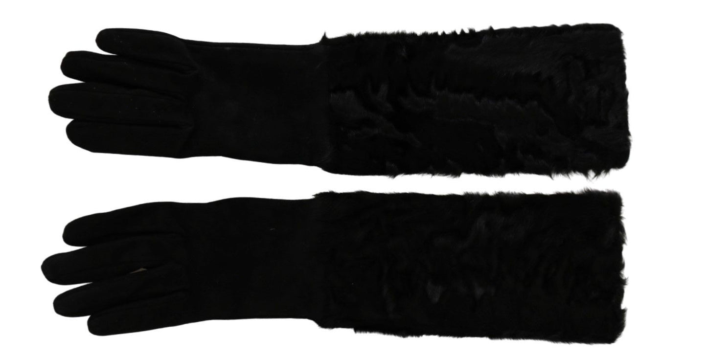 Dolce & Gabbana Black Elbow Length Mitten Suede Fur Gloves