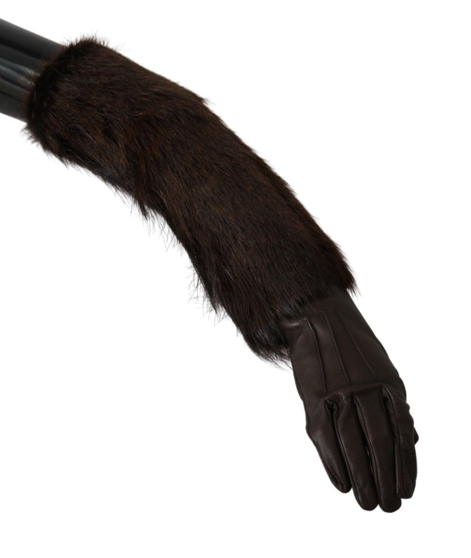 Dolce & Gabbana Brown Elbow Length Mittens Leather Fur Gloves